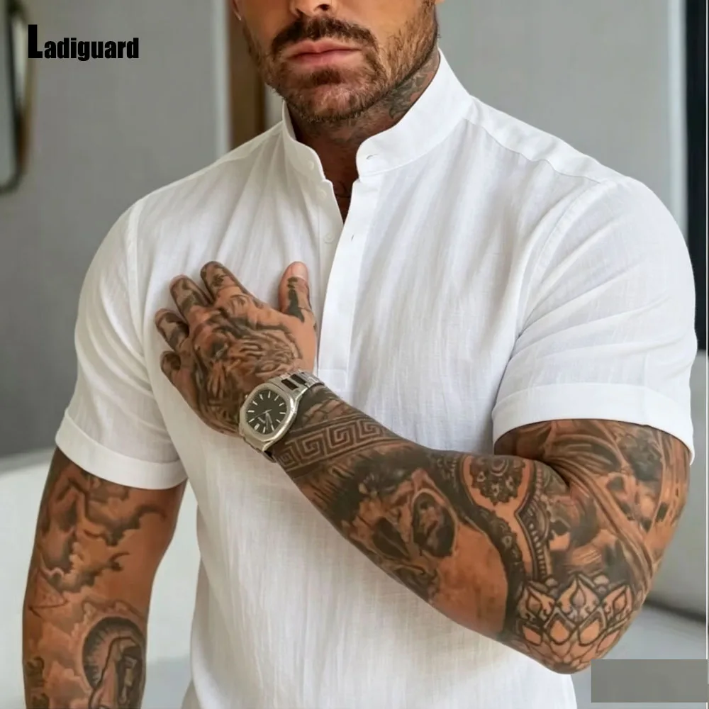 Men Short Sleeve Linen Shirts Clothing 2026 European Fashion Basic Top Pullovers Solid Collarless Blouse Mens Casual Daily Shirt