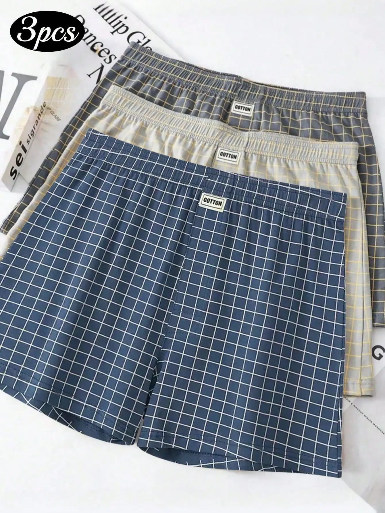 3pcs Men's Cotton Underwear Men Boxer Briefs,Soft Comfortable Plaid Design Loose Boxer Shorts