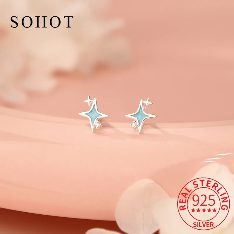 

Настоящее серебро 925, эмаль, звезда, циркон, мини-серьги-гвоздики для элегантных женщин, классические ювелирные изделия, минималистичные аксессуары