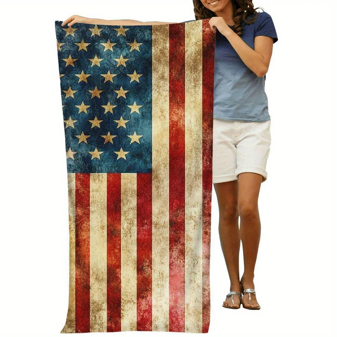 Retro Red White & Blue Flag Towel, Grungy American Flag with Distressed Edges Print Bath Towel Iconic Patriotic Summer Essential