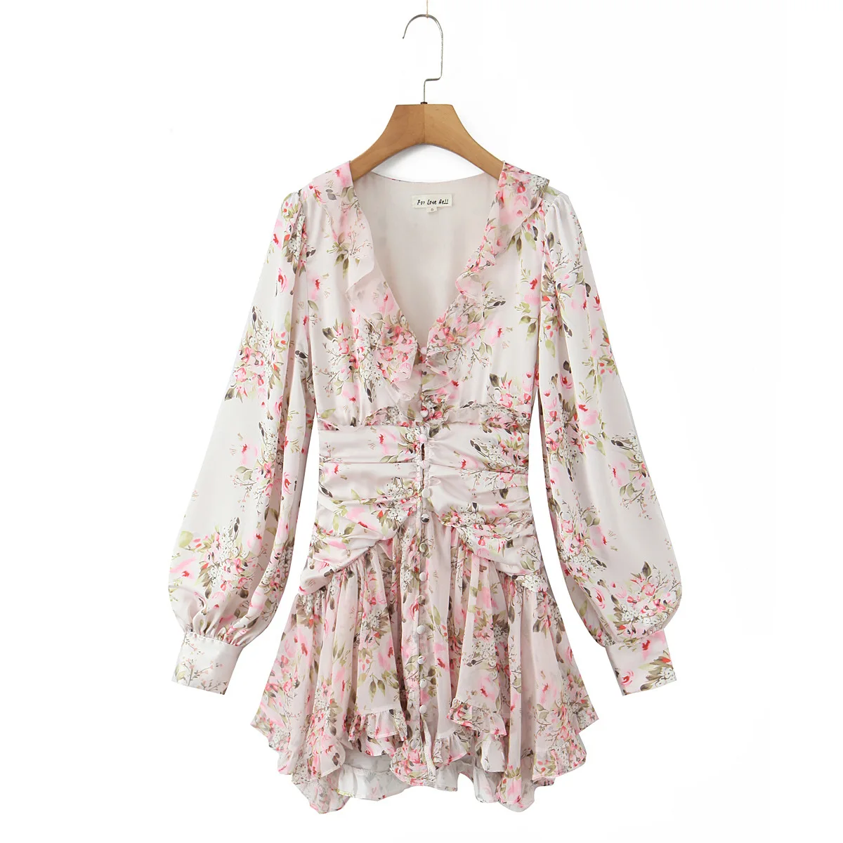 Suninheart European and American women's clothing floral lotus leaf trim pleated waist V-neck long-sleeved dress