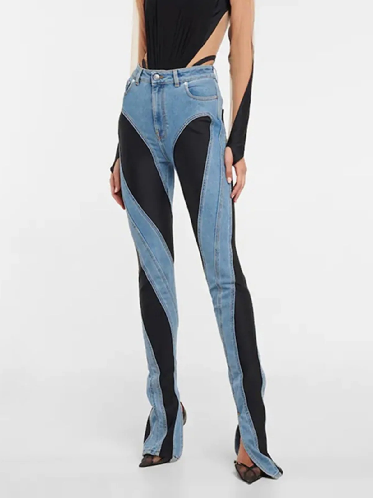 

High Waist Color Blo Spring Autumn Women's Jeans Long Trousers Design Sense Slit Slim Fit Mugler Cowgirl Blue Denim Pants