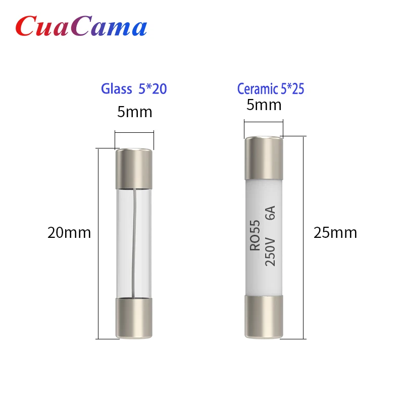 100PCS R055 Ceramic Fuse Tube 5*25 Glass Insurance Core Fuses 5*20 Cylindrical 0.5A 1A 2A 3A 4A 5A 6A 8A 10A