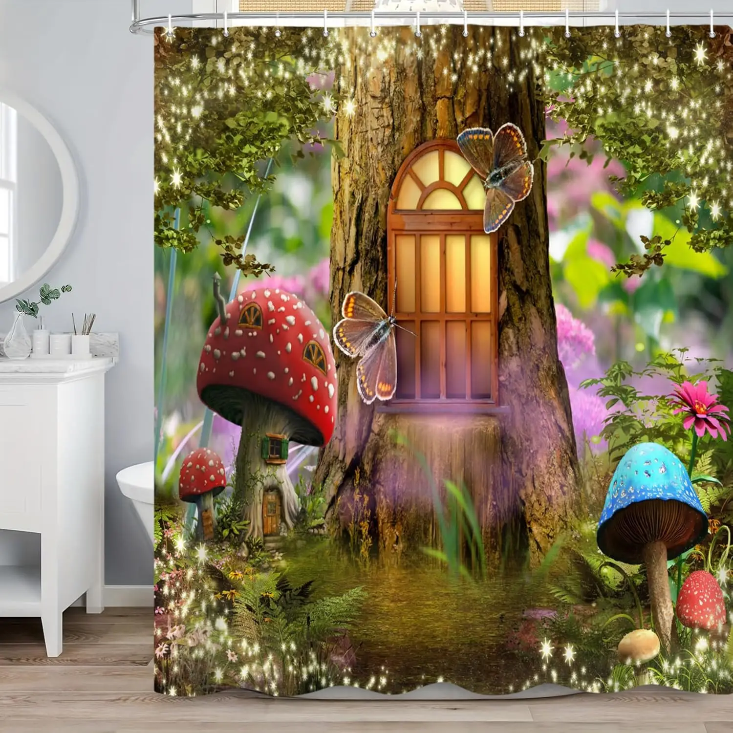 

Ренесс 72x72 дюйма Зачарованный лес Гриб Занавеска для душа Мультфильм Волшебный дом старых деревьев Бабочки Сказочная страна чудес F