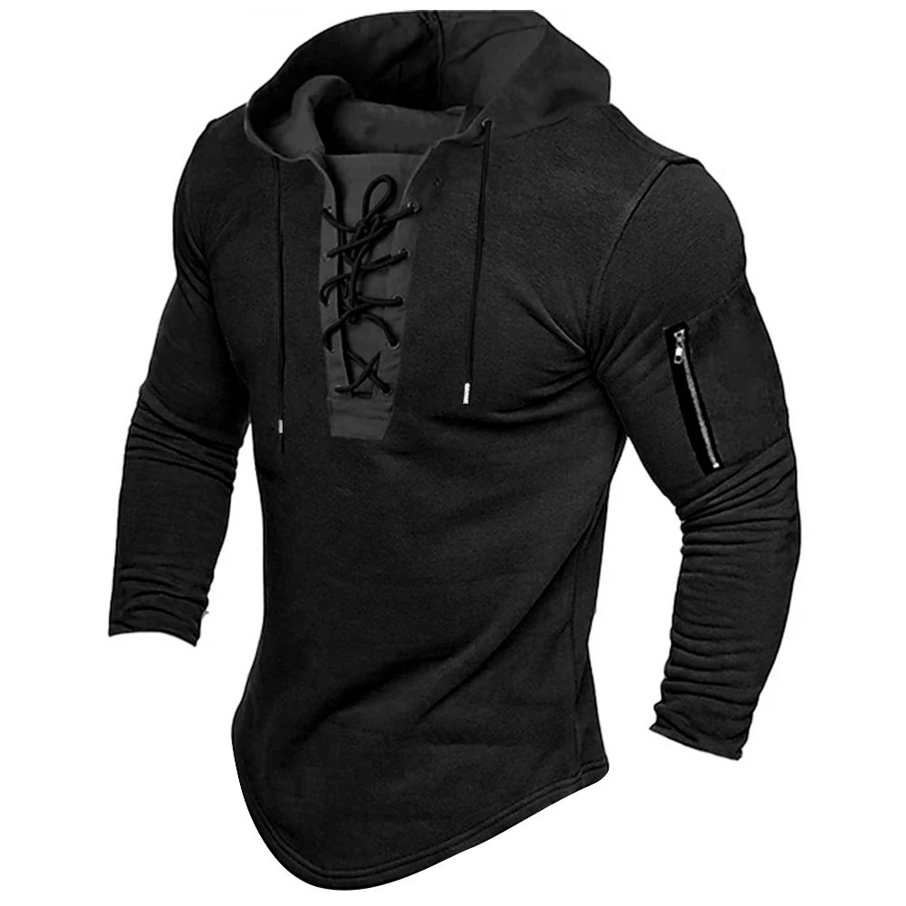 Men's Sports Tops Hooded Sweatshirt Autumn Winter Solid Color Long-Sleeved Lace Up Hoodies For Male Streetwear Fashion Outwear