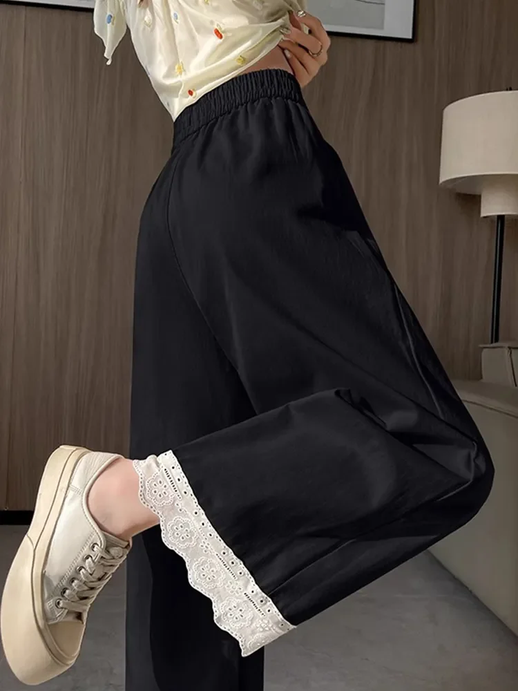 

Широкие брюки с кружевной отделкой, женские весенне-летние свободные тонкие повседневные прямые укороченные спортивные брюки