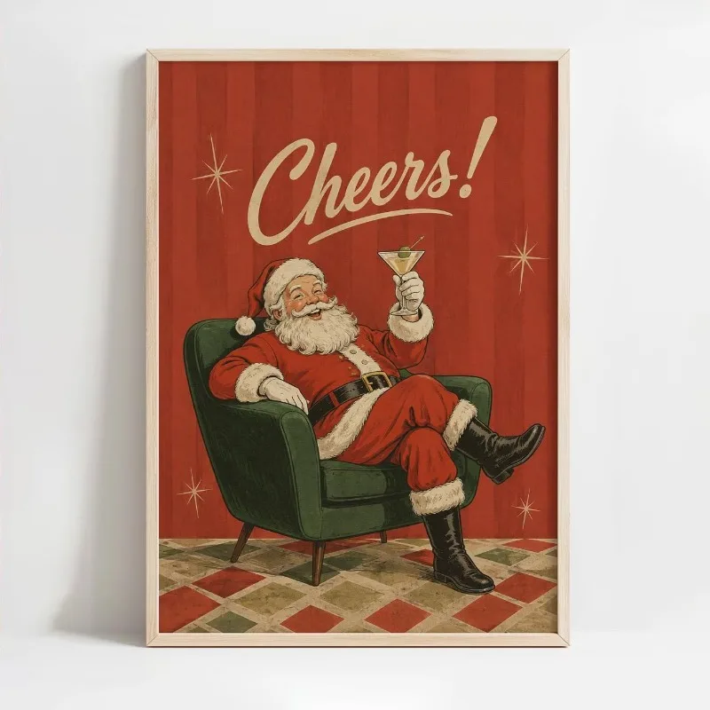 Vintage Cheers Santa Canvas Wall Art Unframed Retro Santa with Cocktail Print Funny Christmas Poster for Bar Home Holiday Decor