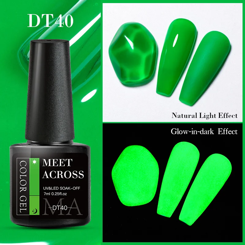 MEET ACROSS 7ml Green Fluorescent Glow In Dark Gel Nail Polish Summer Sparkly Luminous Gel Semi Permanent Nail Art Varnish