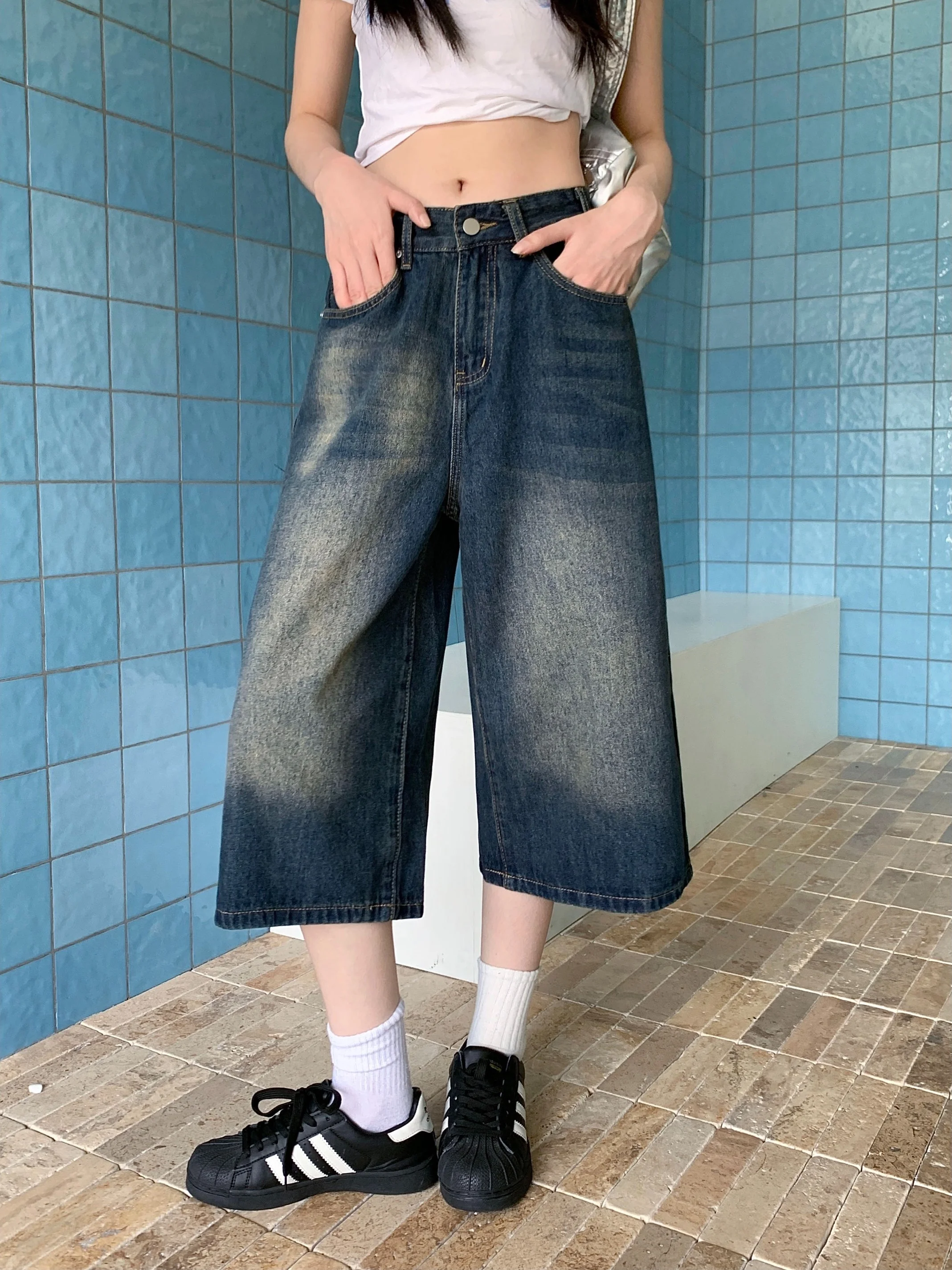 

Retro Washed Distressed 7/8 Length Women's Jeans High Waist Loose Wide Leg American Straight Cut mid Length Casual Trousers