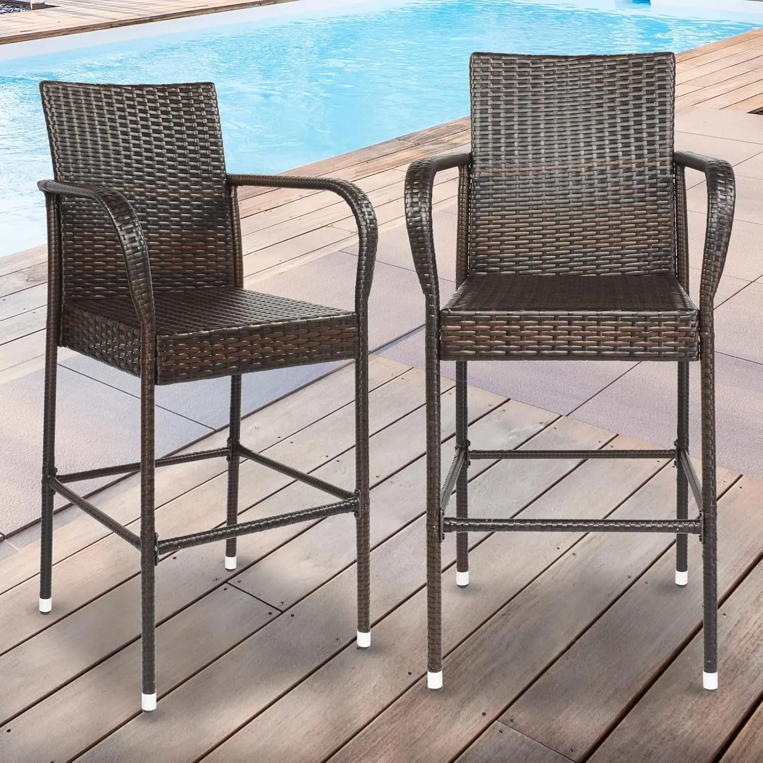 

Patio Bar Stools Wicker Barstools Set, All Weather Counter Height Chairs Outdoor Bar Stool Furniture with Footrest and Armrest