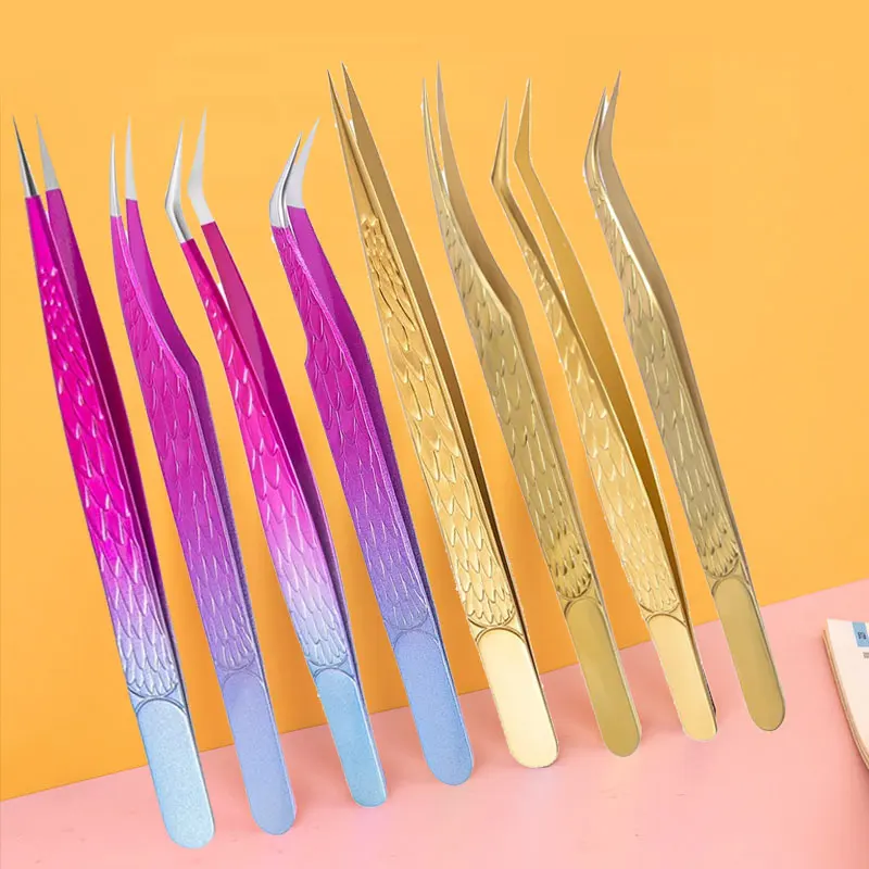 4PCS False Lash Tweezers Set For Eyelashes Extensions Supplies Stainless Eyebrow Clip Tongs Professional Nail Art Makeup Tools