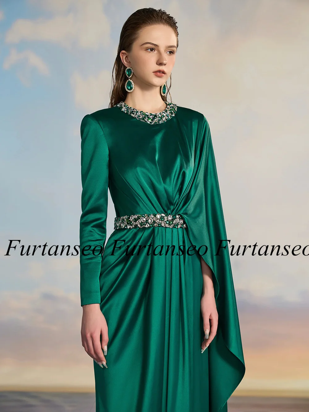 Vestido de fiesta árabe verde esmeralda, manga larga, cuello redondo, cristal de diamantes de imitación, vestido de noche de sirena personalizado, vestidos para ocasiones formales