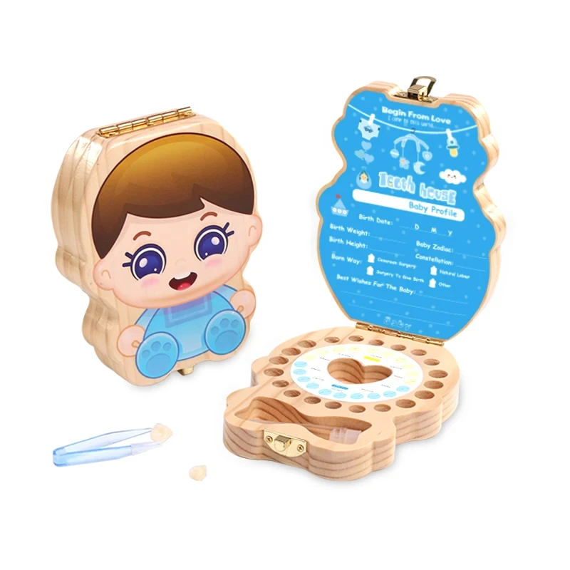 High Quality Baby Wooden Children's Tooth Case Boy and Girl Deciduous Boxes for Milk Teeth Pine Pink Blue Lovely