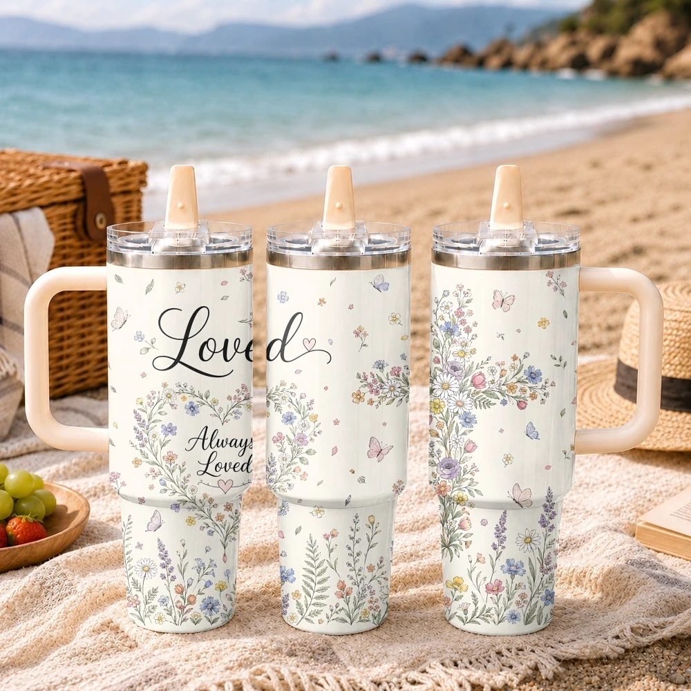 Gobelet isotherme portable en acier inoxydable de 40 oz avec motif floral et citations chrétiennes encourageantes pour femmes