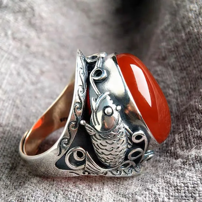 Personality Exaggerated Retro Ring Inlaid with Nanhong Opening, High-end Design Sense, Exquisite Fashion Temperament Womens Ring