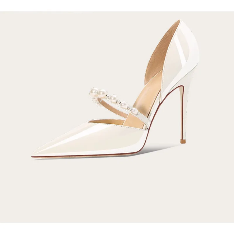 

Pointed Toe High Heels Women Shoes White French Wedding Satin with Rhinestone Pearl Strap
