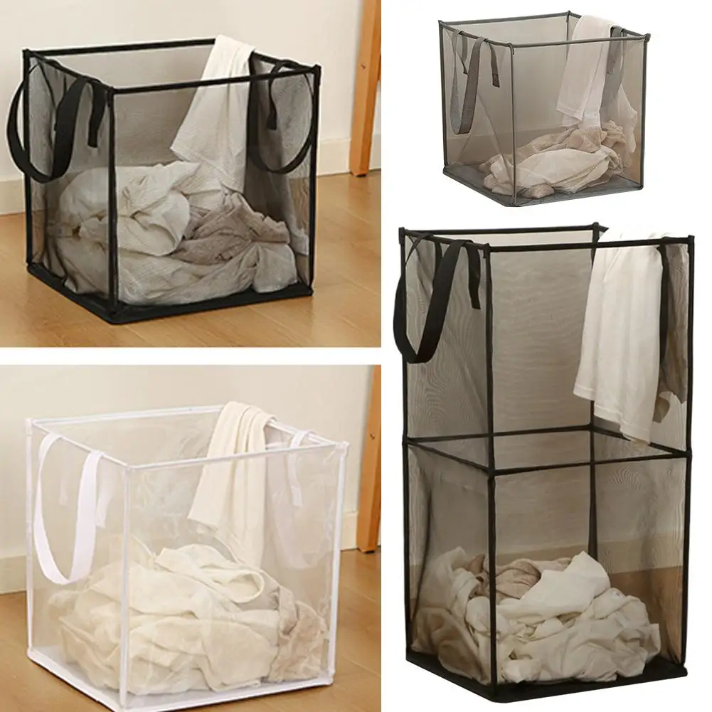 2 PCS Square Dirty Clothes Basket Foldable Durable Breathable Large Capacity Mesh Storage Bag Simple Bathroom Laundry Basket