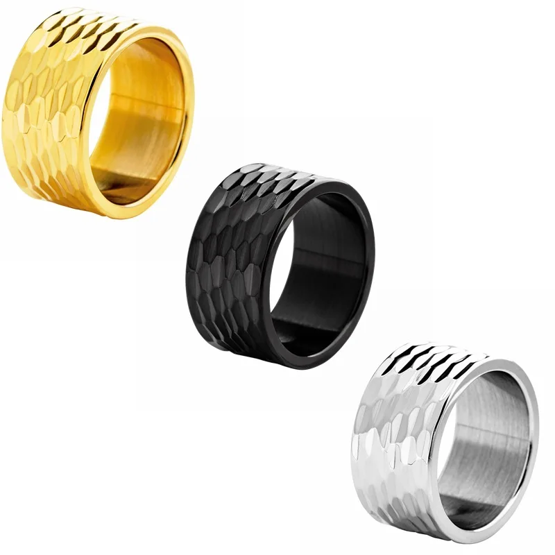 12mm Wide Fashionable Stainless Steel Fish Scale Pattern Ring with Irregular Convex Male Hammer Party Jewelry