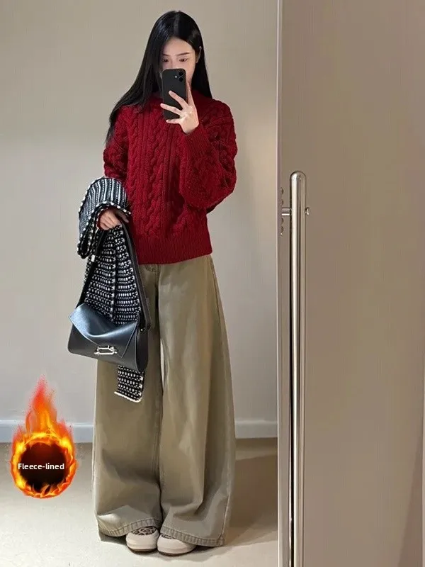 

Американские ретро-джинсы цвета хаки, рабочие, с утепленной подкладкой, прямые, широкие, женские, весенние, свободного кроя, с высокой талией, из денима