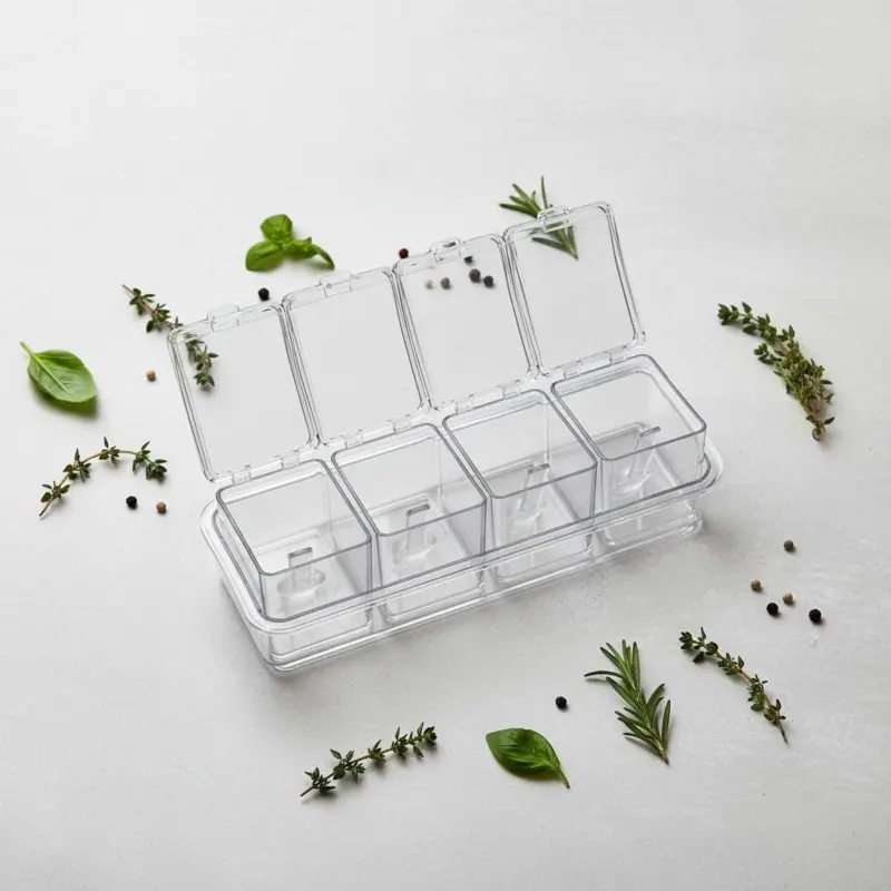 4 Compartment Seasoning Box Easy To Clean 4 Compartment Seasoning Box Clear Seasoning Container Set Space Saving for BBQ