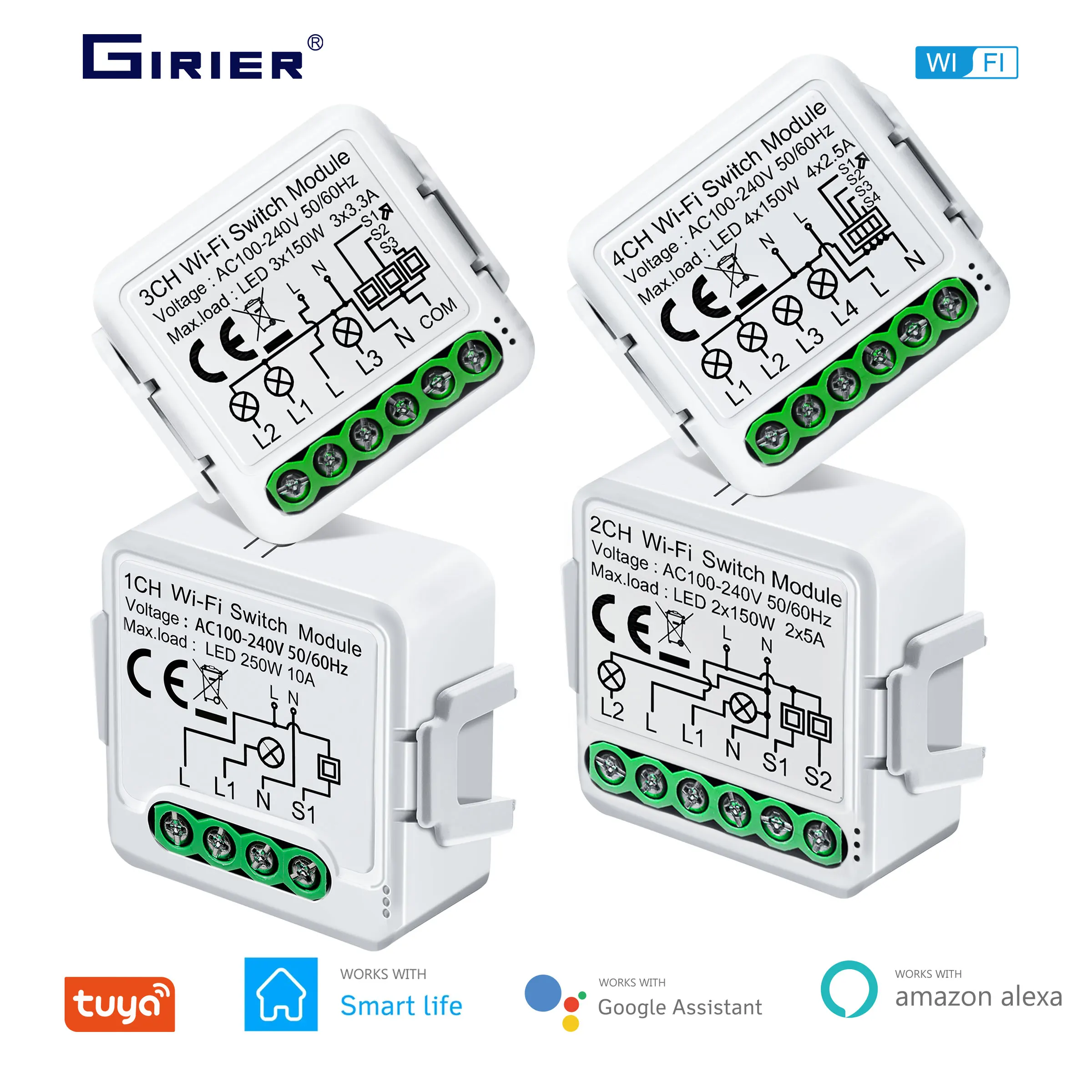 GIRIER Tuya WiFi Smart Light Switch Module 1 2 3 4 Gang Support 2 Way Control Neutral Wire Required Works with Alexa Google Home