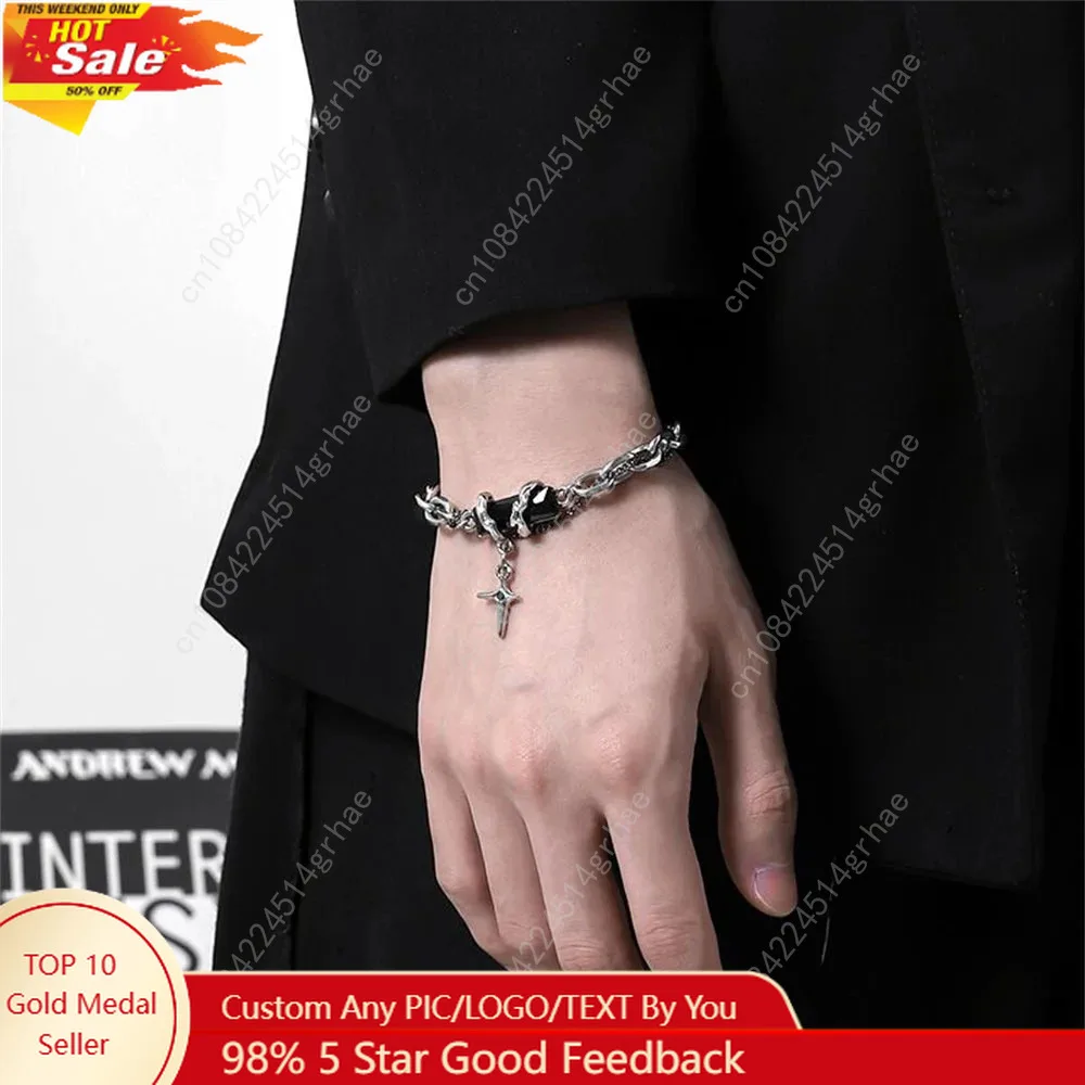 

2024 Retro Black Zircon Star Bracelet For Women Men Trend Titanium Steel Punk Nk Chain Unisex Jewelry New Couple Accessories