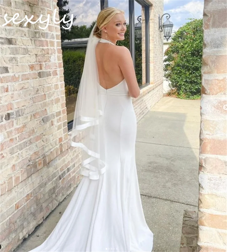 Boho Minimalist Mermaid Wedding Dresses Halter Soft Satin Backless Beach Bride Dress Civil Slit Bohemian Bridal Dress Customized