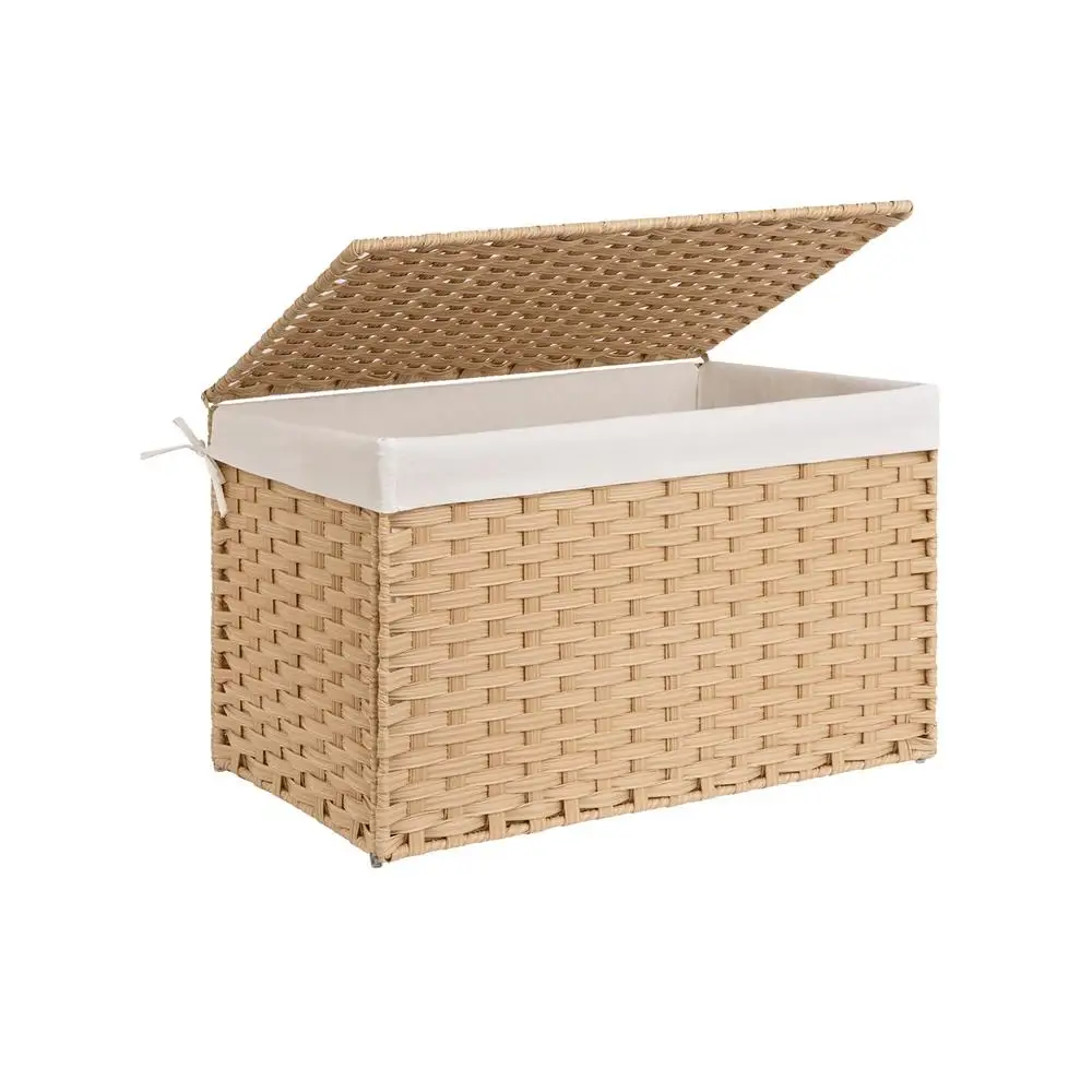 160L Wicker Storage Basket Lid Removable Liner Metal Handles Foldable Breathable Fabric Organizer Box Blanket Clothes Bin Rustic