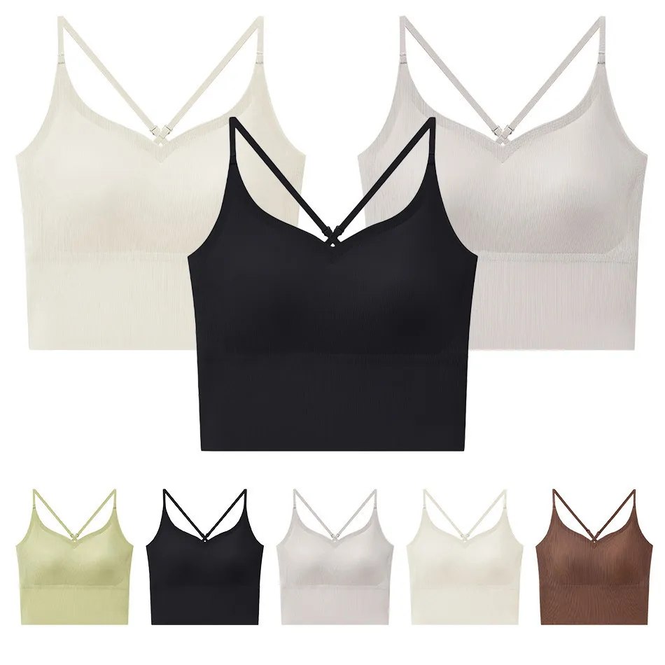 Women Cross Strap Bra Crop Top Brassiere Breathable Beauty Back Traceless Soild Color Ice Silk Inner Layer with Chest Cushion