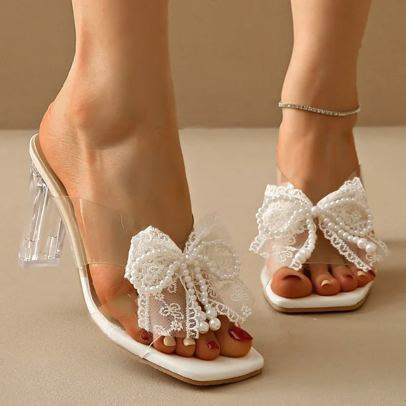 

In The Summer of 2026,Women with A Square Head, Short Stature,High Heels,Large-sized,Elegant Pearl Bow,Crystal and Cool Slippers