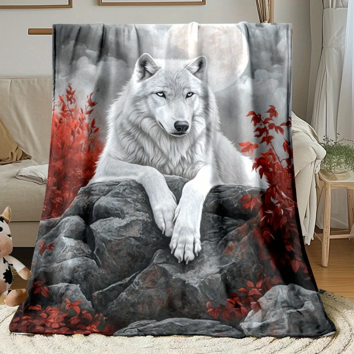 Aesthetic Wolf Print Throw Blanket Plush Fleece Fall Decor Cozy Moon Nature Lover Gift for Sofa Couch Decor