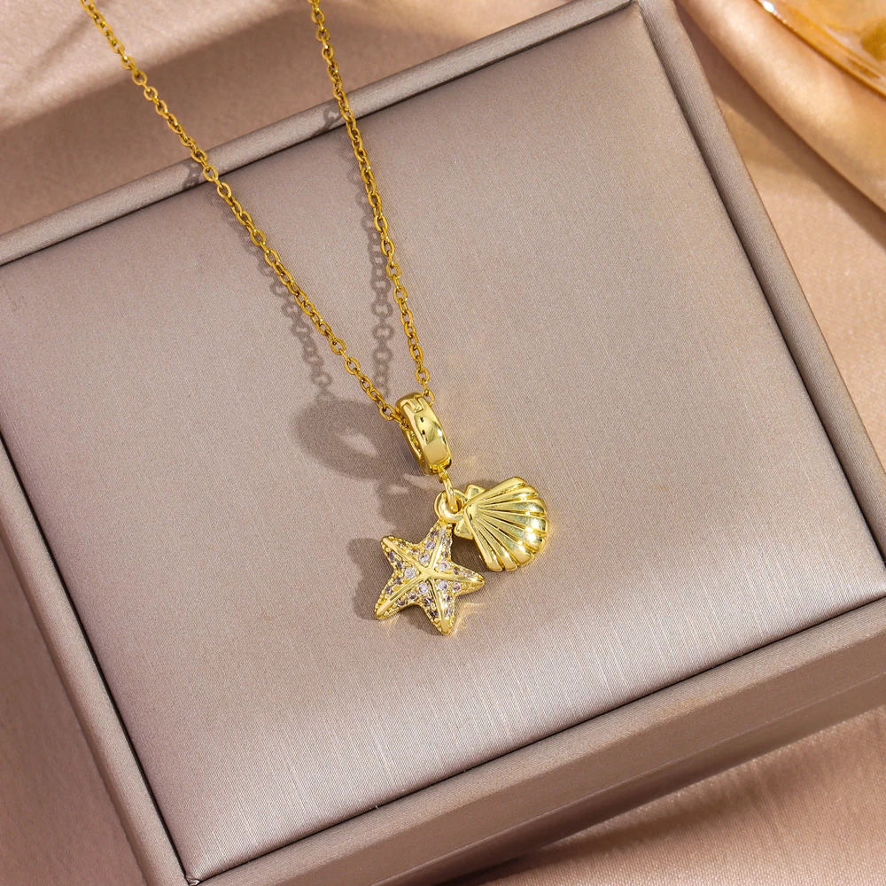 Neue 18K Gold Überzogene Stern Shell Anhänger Halsketten Für Frauen Weibliche Täglichen Verschleiß Edelstahl Hals Kette Schmuck Mädchen Party geschenk