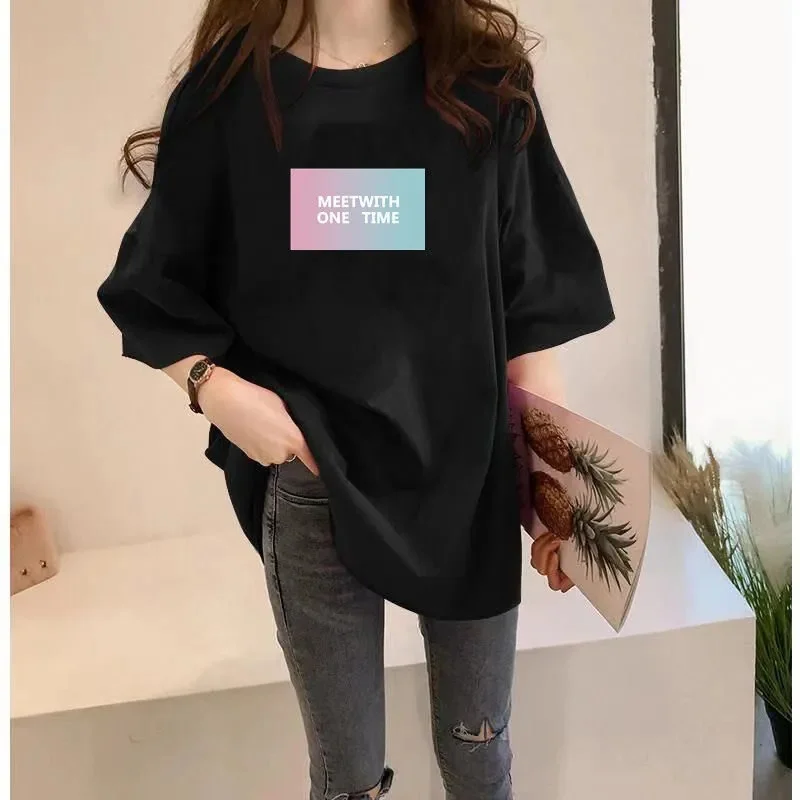 

Long Cotton T-shirt Women Short Sleeves 2023 Summer New Fashion Trend Semi-Sleeve Loose T-shirt Black Joker Shirt Summer