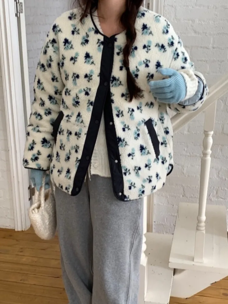 Koreański płaszcz z futra jagnięcego, dwustronny, z efektem matowego wykończenia, w kwiatowy wzór, kolorowy, bawełniany, damski, leniwy płaszcz zimowy, odzież wierzchnia.