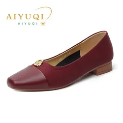 AIYUQI Women Dress Shoes Genuine Leather Spring 2024 New Square Toe Ballet Shoes Women Mid Heel Fashion Women Office Shoes