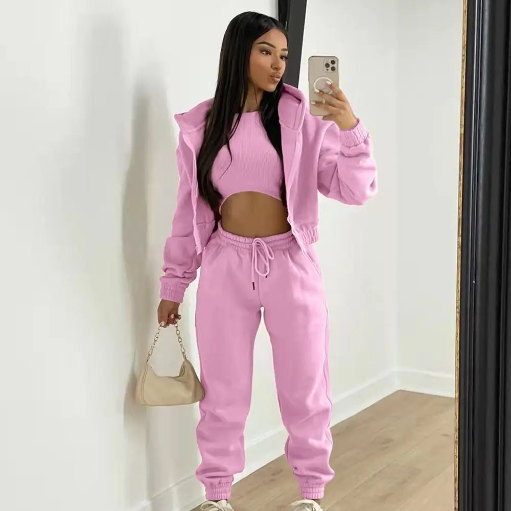 

Sleeveless Three-piece Set Crew Neck Jogger Pants Three Piece Tracksuit Tank Top Open Front Cardigan Cozy Sweatsuit Jogging