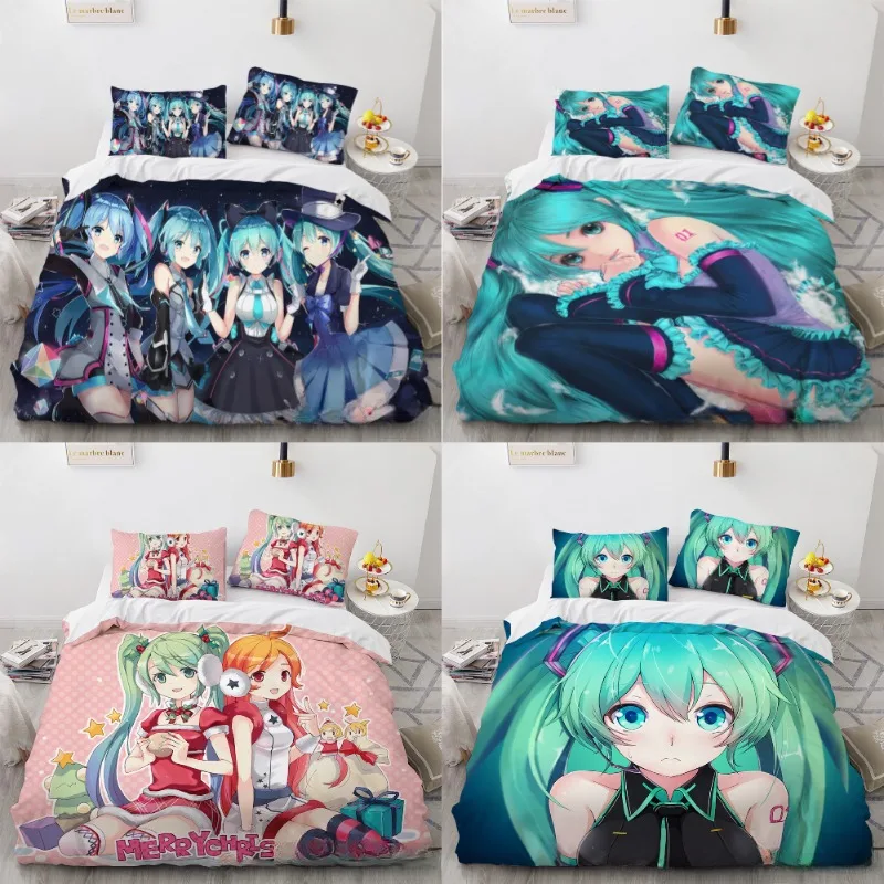 

Hatsune Miku Bedding Set Kawaii Anime Harajuku Quilt Cover Pillowcase Bed Bedroom Duvet Cover Beddings Suit Bedroom Decoration