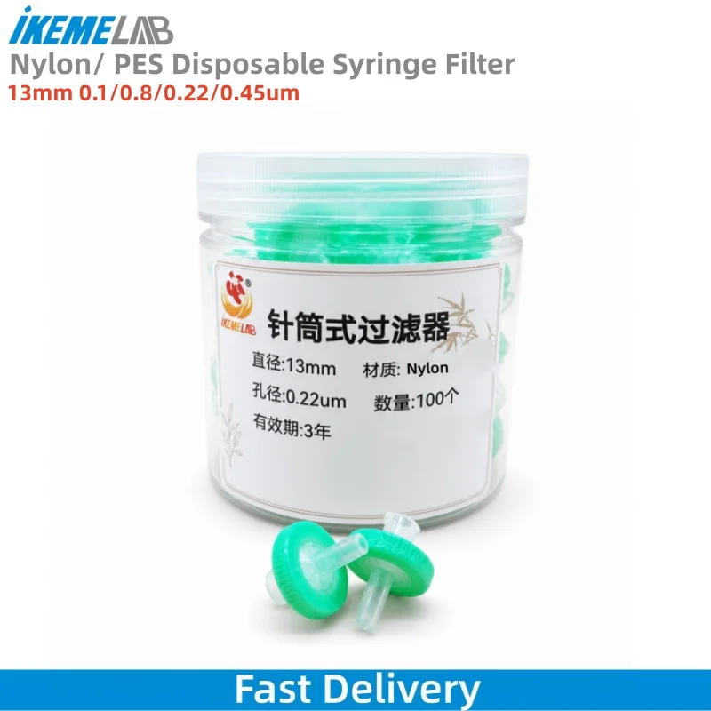 IKEME 100pcs/box Lab 13mm Nylon/ PES Disposable Membrane Syringe Filter 0.1/0.8/0.22/0.45um Needle Filter Lab Equipment