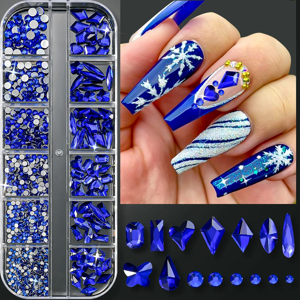 12Grids 3D Random Sapphire Blue Nail Art Rhinestones Mixed Flatback Round Heart Drop Diamond Nail Charms Christmas Nail Supplies