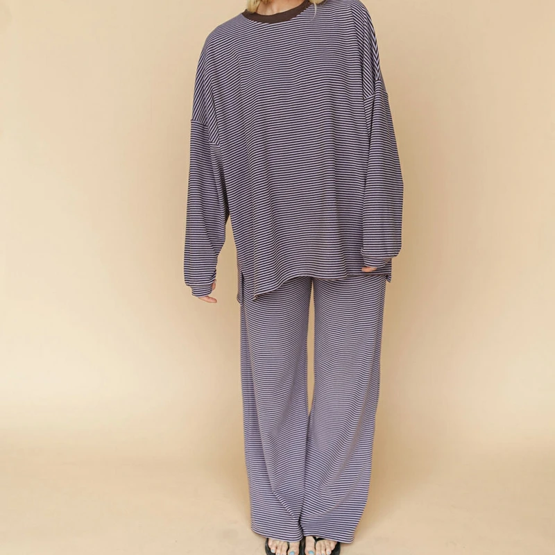 

Women Stripe Print Round Neck Pullover Set Loose Casual Long Sleeves Top with Elastic Waist Pants 2Pieces Loungewear