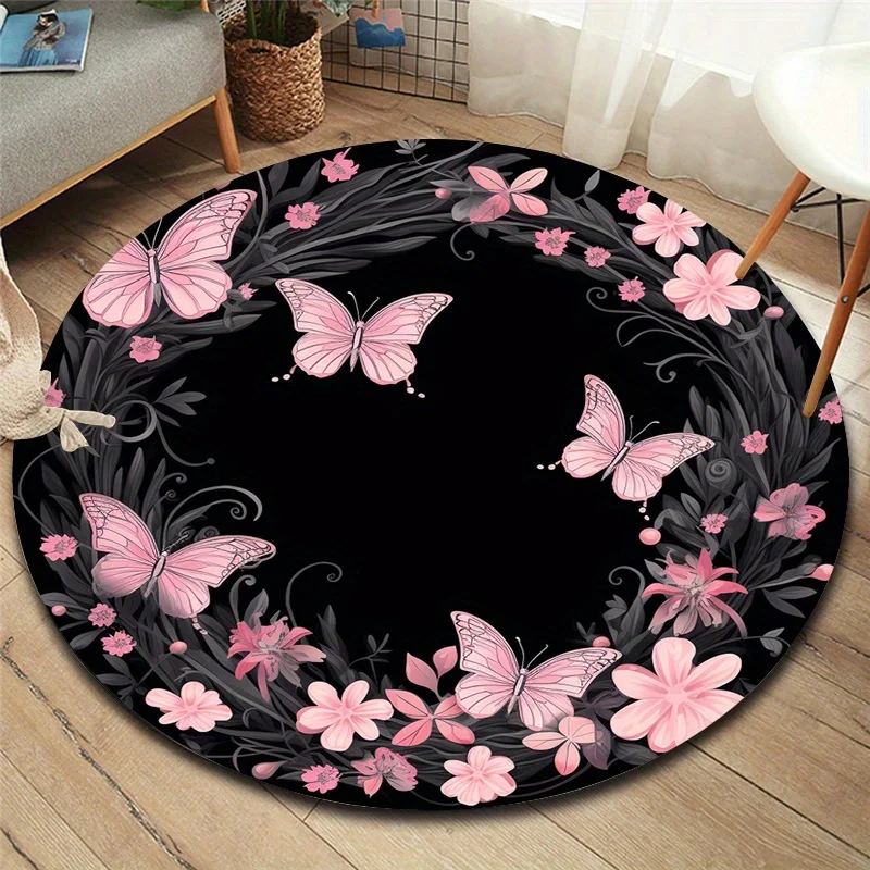 

1pc 3D Pattern Soft Polyester Butterfly Floral Round Area Rug - JIT Carpet for Office, Room, Garden - Hand Wash Only