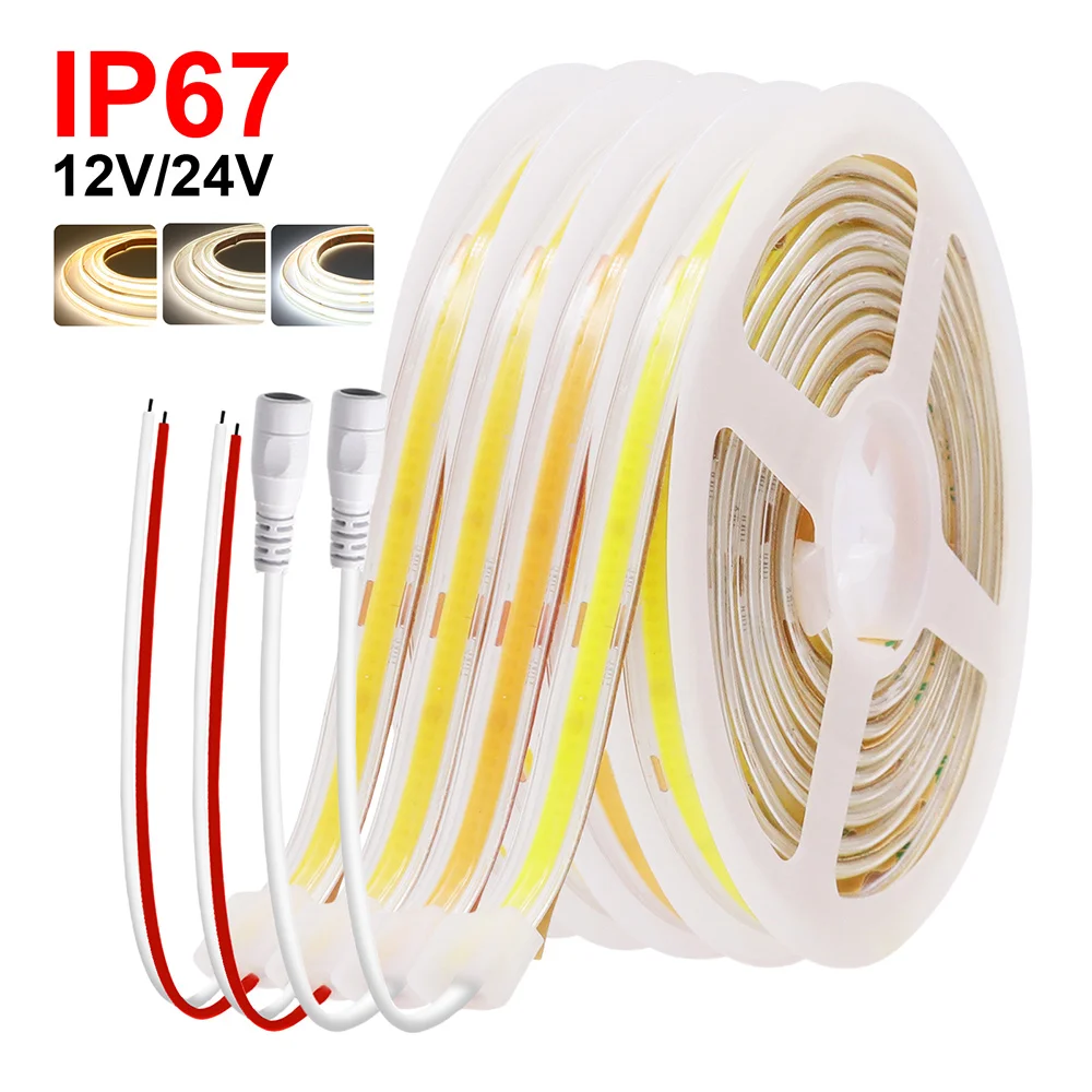 COB LED Strip Light 12V 24V 3000K 4000K 6000K IP67 Waterproof Flexible Led Tape 320LEDs/m 5m 10m 20m 0.5m 1m 2m Linear Lighting