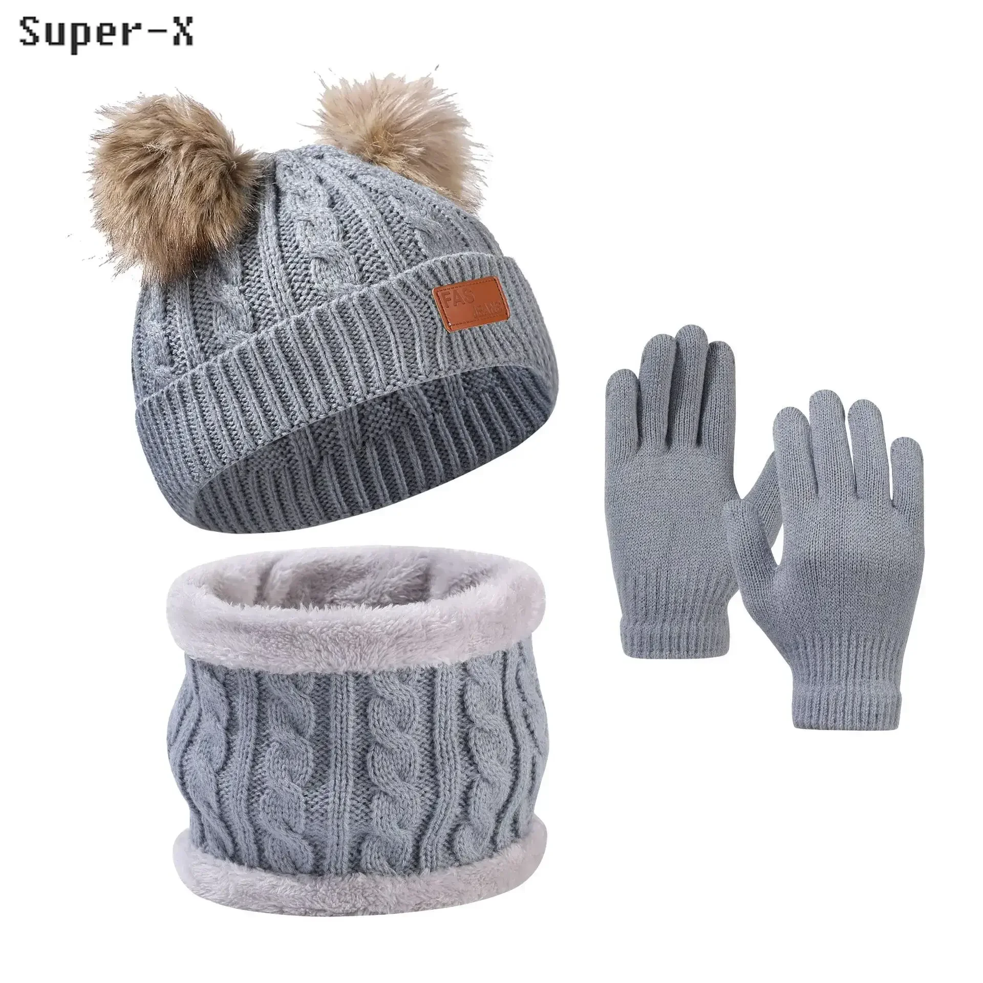 

3pcs Winter Set for Children Cute Fur Pompom Beanies Snood Gloves Girls Boys Knit Winter Hats Sets 2-6Years