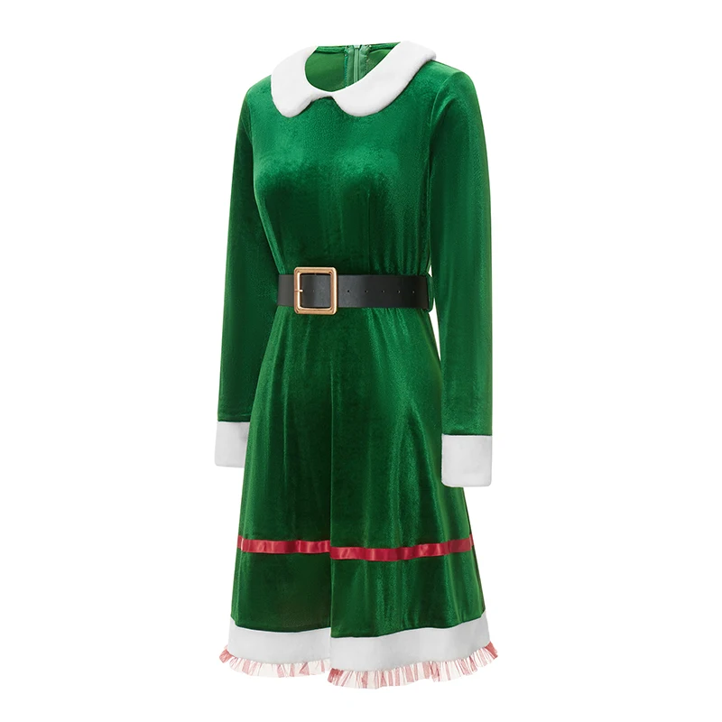 Christmas Elf Costume for Womens Santa Outfit Flannel Maxi Dress Santa Hat Belt Striped Stockings Shoes Set Cosplay Suit