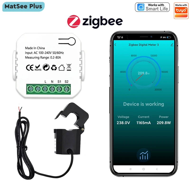 Smart Life ZigBee Energy Meter 80A with Current Transformer Clamp KWh Power Monitor Electricity Statistics110V 240V 50/60Hz