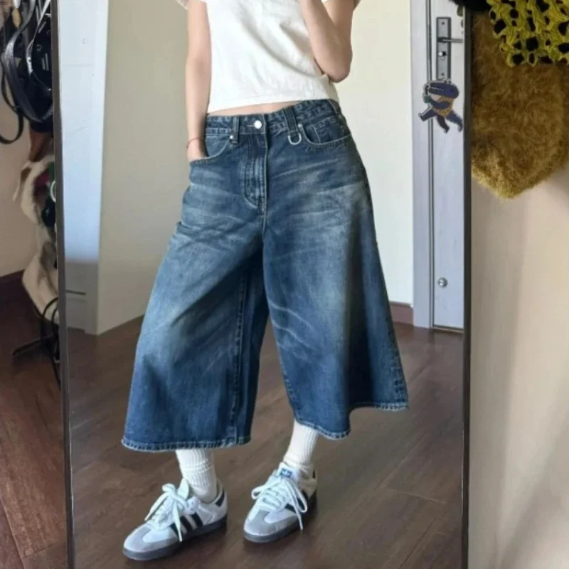 QWEEK Baggy Y2k Jorts Vintage Loose Knee Length Shorts Jeans Streetwear Oversized Wide Leg Denim Pants America Casual Trousers