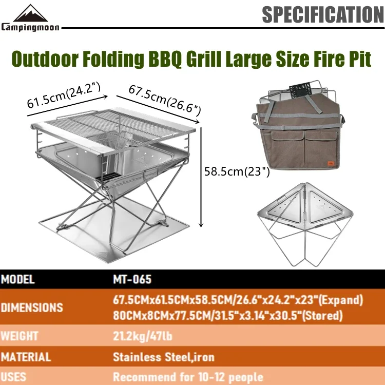 CAMPINGMOON Outdoor Camping Foldable Oversize Stainless Steel Charcoal Net Fire Pit Barbecue Cast Iron BBQ Grill