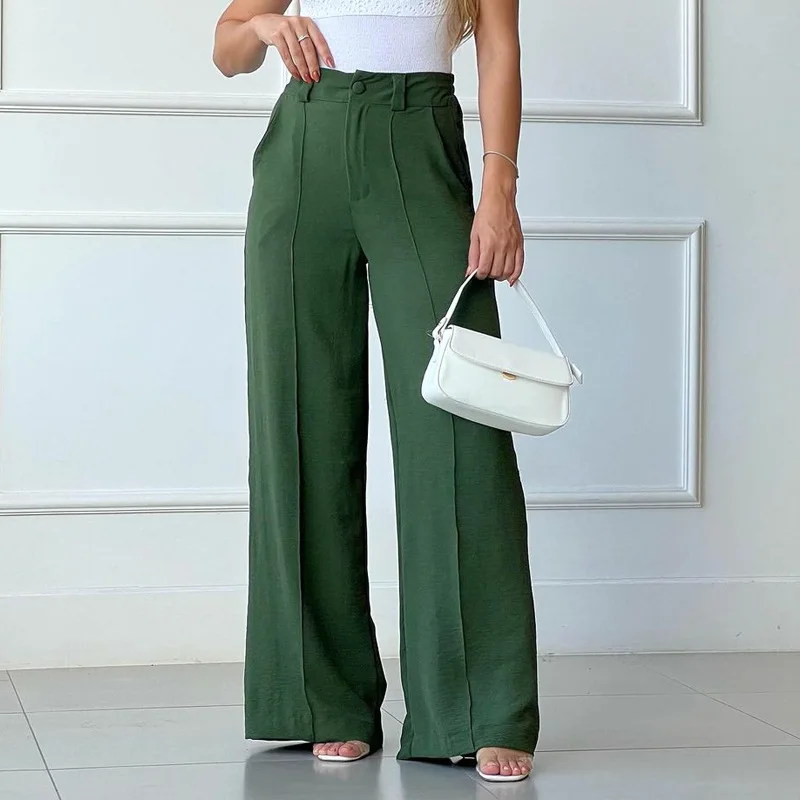 

Fashion Solid Folds Trousers Elegant Office Lady Button Straight Wide Leg Pants 2024 Spring Autumn New Commuting Women Pants