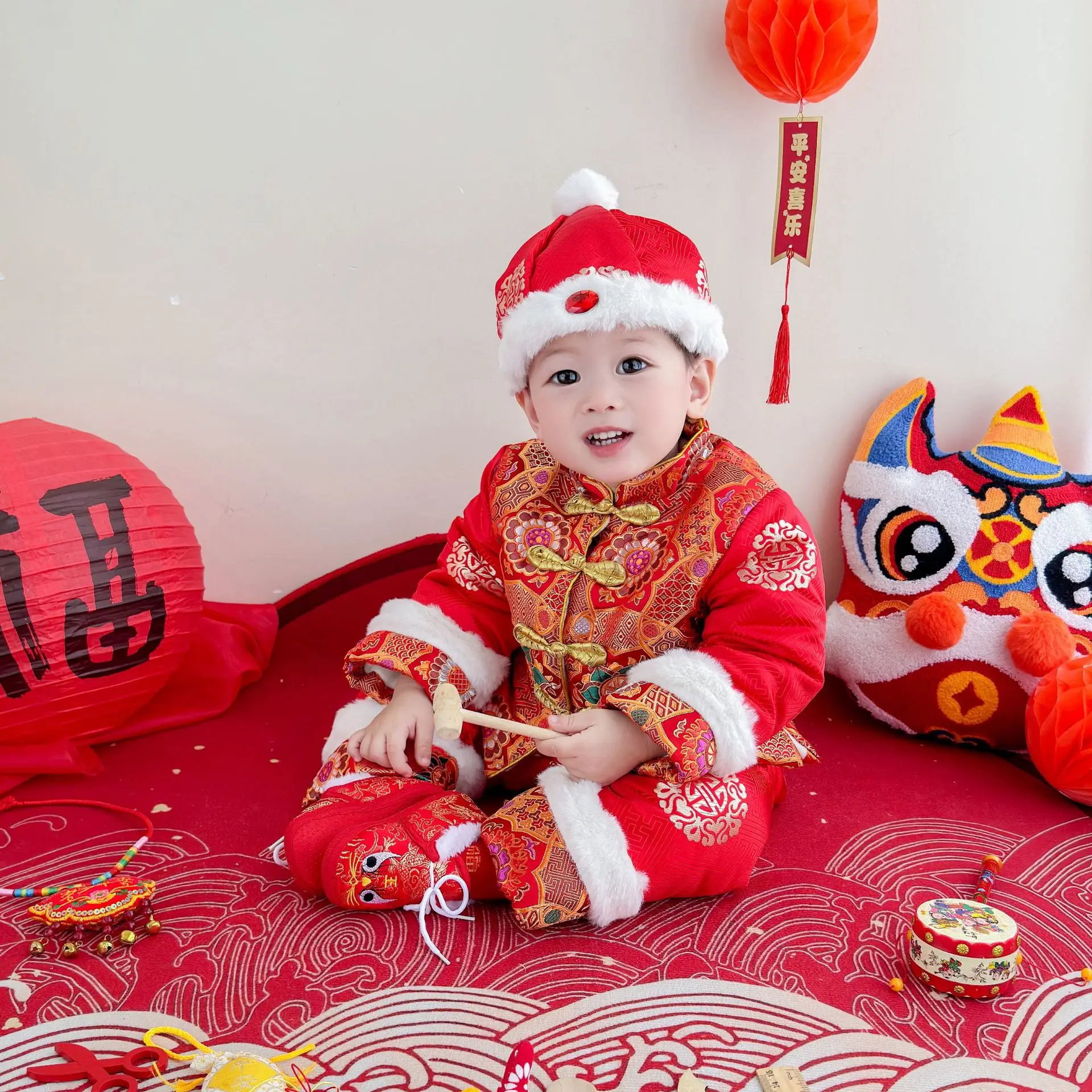 2025 Winter Baby Tangsuit 6-36M Children Kids Boys Girls First Birthday Customes Thicken Warm Tops+Pants With Hat 3 Pcs Outfits