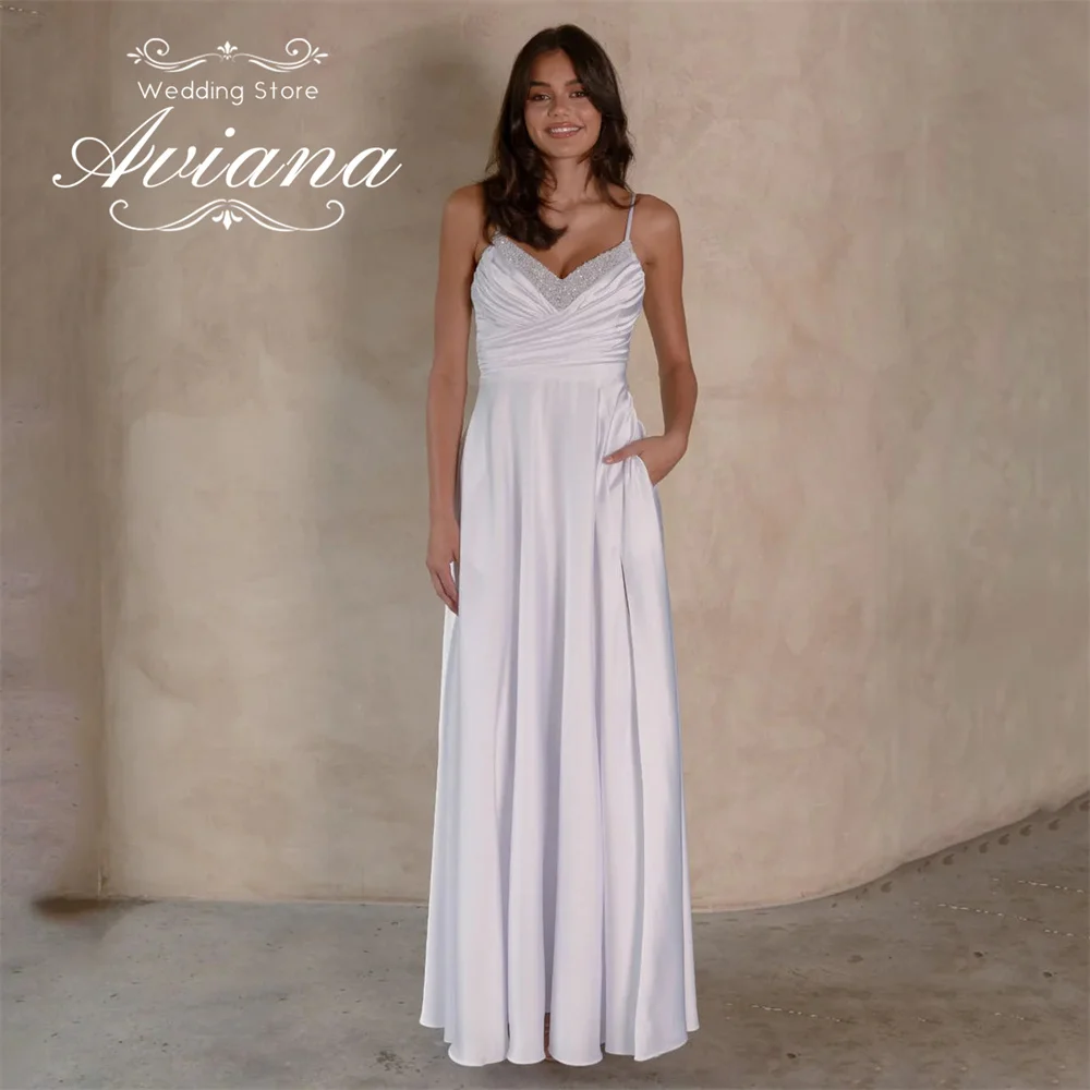 Aviana Abito da sposa dritto senza schienale con cinturino per spaghetti personalizzato Perle Perline Lunghezza pavimento Scollo a V Macchia Eleagnt Semplice Morden